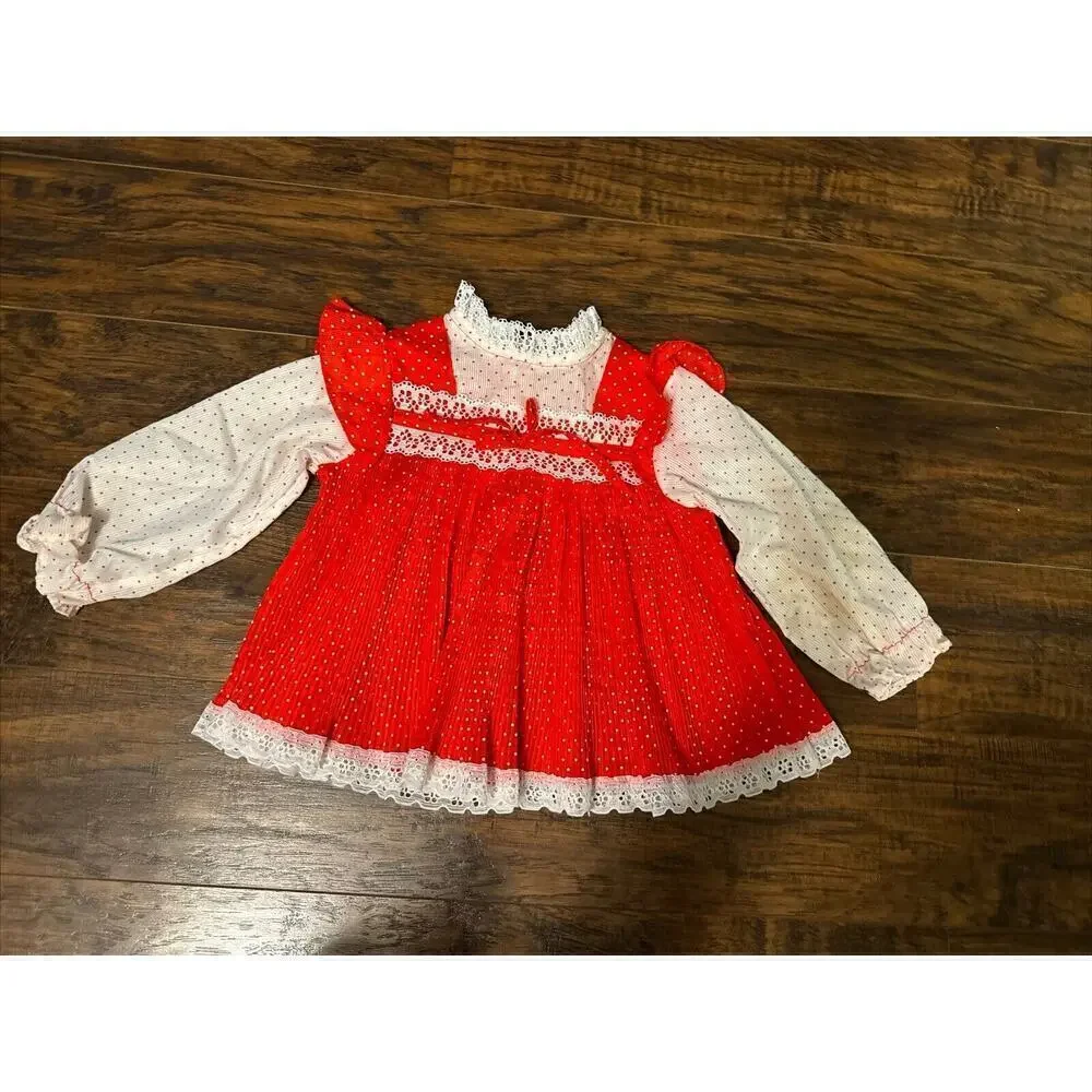 Vintage Sears Girls Dress Red White Long Sleeve Sz:4